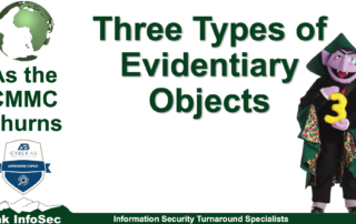 If you take a look at the 879 examination assessment objects in NIST SP 800-171A, you will see there are three types of evidence: system design documentation; system configuration settings; and supporting artifacts. This As the CMMC Churns dives into the examination objects in NIST SP 800-171A and how you should cite them in your System Security Plan.