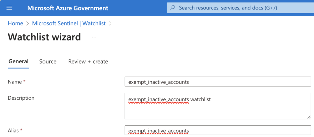 Example Watchlist Wizard Step 1 using Azure Sentinel to create the exempt_inactive_accounts watchlist for Identifying Inactive Accounts via Sentinel.